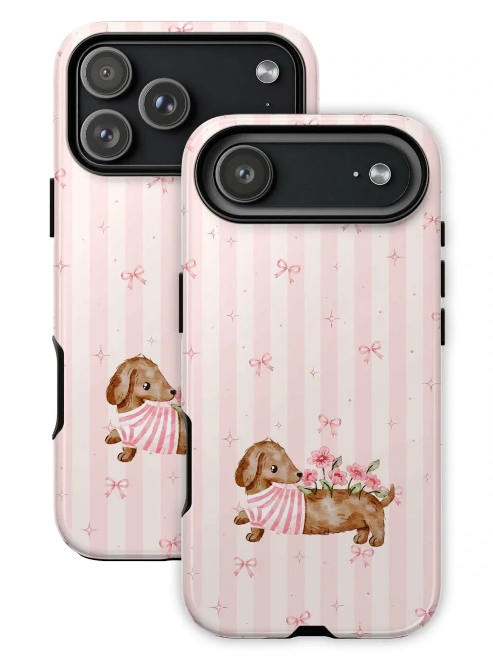 Cute Pink Dog Phone Case - Floral Stripe Design